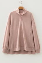 Oatmeal Twist Ribbed Zipper Collar Drop Shoulder Long Sleeve Top
