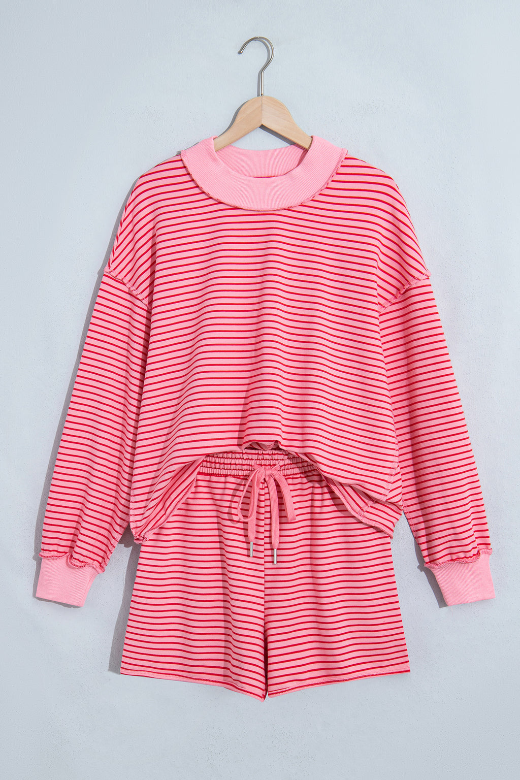 Pink Stripe Ribbed Patchwork Mock Neck Baggy Pullover Matching Shorts Set