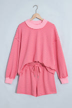 Pink Stripe Ribbed Patchwork Mock Neck Baggy Pullover Matching Shorts Set