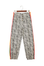 Brown Leopard Print Rainbow Striped Detail Buttoned Loose Jogger Jeans