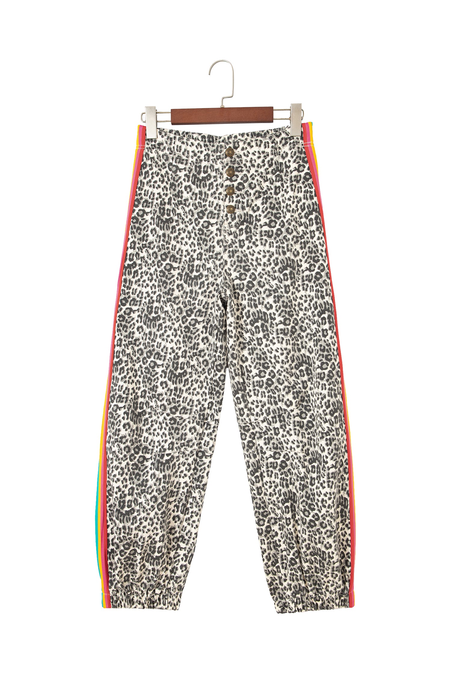 Brown Leopard Print Rainbow Striped Detail Buttoned Loose Jogger Jeans