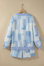 Sky Blue Patchwork Floral Print Drop Shoulder Baggy Pullover Drawstring Shorts Set