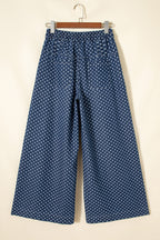Sky Blue Polka Dot Print Button Pleated Detail Wide Leg Jeans