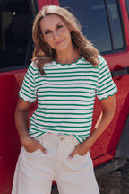 Pink Stripe Scalloped Trim Round Neck T Shirt