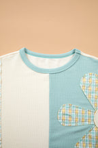 Light Blue Plaid Patchwork Round Neck Long Sleeve Top