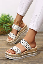 White Polka Dot Pattern Double Buckle Straps Hollow Out Platform Slippers
