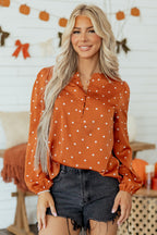 Brown Polka Dot Half Button V Neck Long Sleeve Blouse