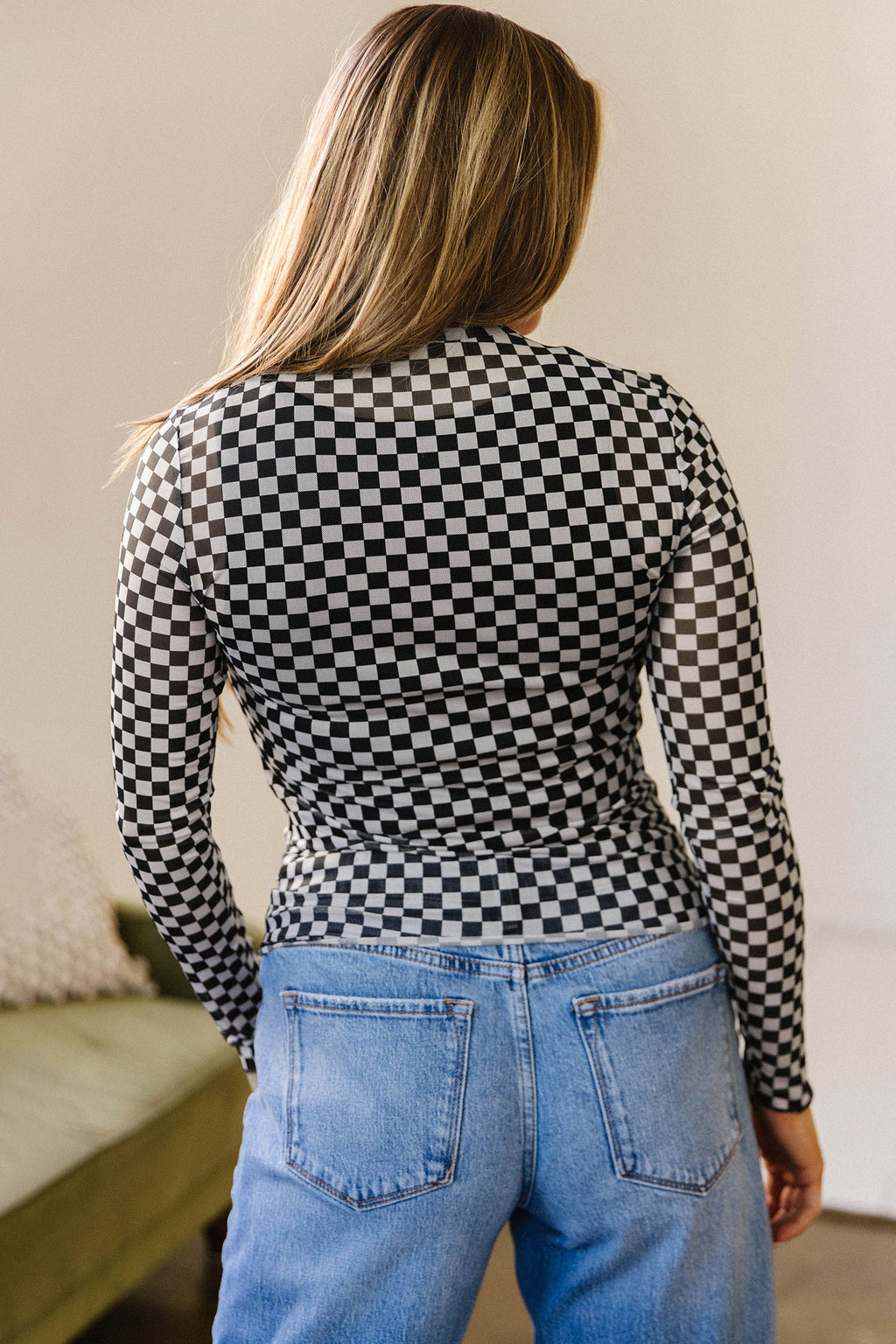 Black Plaid Stand Neck Long Sleeve Mesh Top