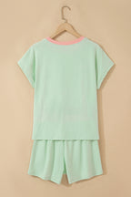 Sachet Pink Soft Ribbed Color Block Trim Casual Short Set