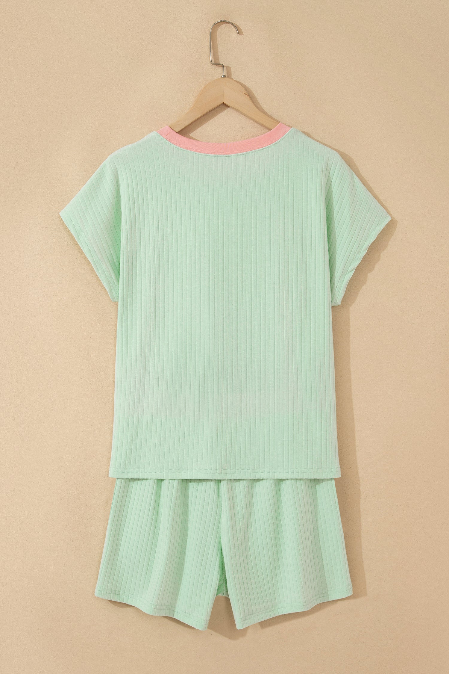 Sachet Pink Soft Ribbed Color Block Trim Casual Short Set