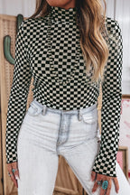 Black Plaid Stand Neck Long Sleeve Mesh Top