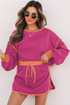 Black Color Contrast Loose Pullover and Lace-up Waist Skort Set