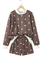 Brown Polka Dot Ribbed Trim Long Sleeve Top Casual Short Set