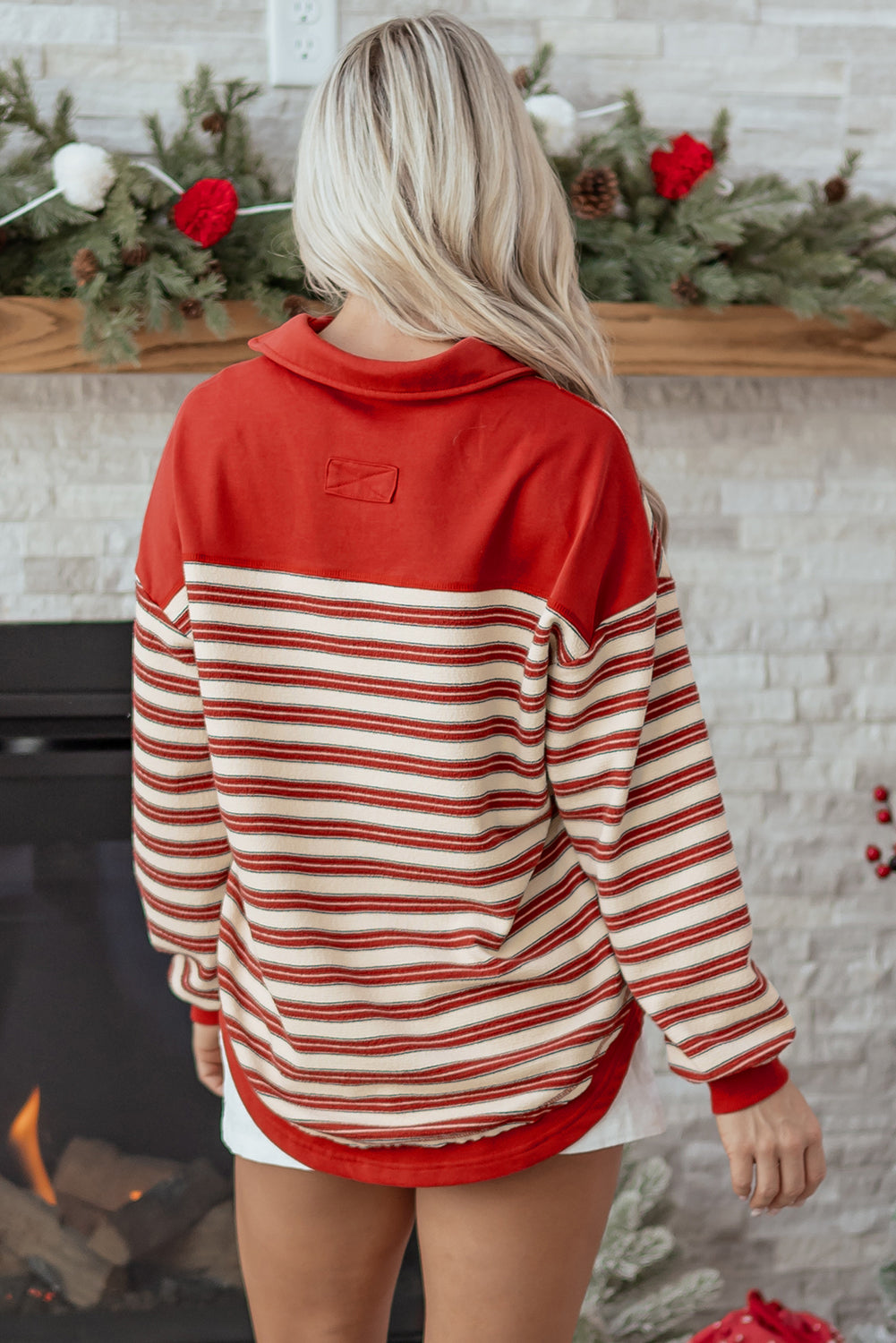 Pink Stripe Buttoned V Neck Collared Drop Shoulder Top