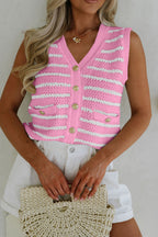 Sky Blue Stripe V Neck Gold Buttons Elegant Sweater Vest
