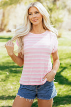 Pink Striped Print Waffle Knit T Shirt