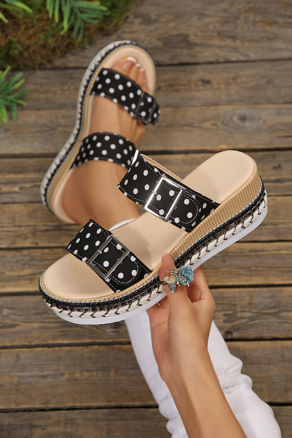 White Polka Dot Pattern Double Buckle Straps Hollow Out Platform Slippers