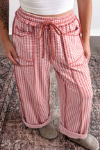 Green Plaid Contrast Trim Drawstring Elastic Waist Shift Pants