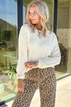 Beige Solid Color Cable Detail Knit Loose Round Neck Sweater