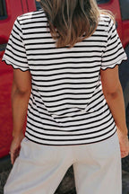 Pink Stripe Scalloped Trim Round Neck T Shirt
