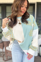 Light Blue Plaid Patchwork Round Neck Long Sleeve Top
