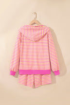 Rose Red Striped Long Sleeve Zip-Up Hoodie Drawstring Elastic Waist 2pcs Short Set