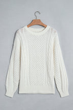 Beige Solid Color Cable Detail Knit Loose Round Neck Sweater