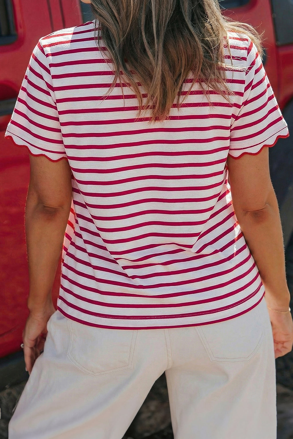 Pink Stripe Scalloped Trim Round Neck T Shirt