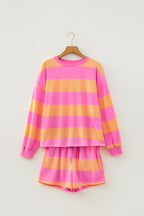 Pink Stripe Long Sleeve Casual Top Drawstring Shorts 2pcs Set