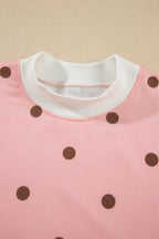 Brown Polka Dot Ribbed Trim Long Sleeve Top Casual Short Set