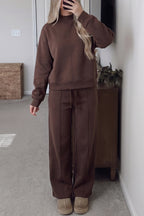 Coffee Solid Color Piping Trim Mock Neck Pullover Drawstring Pants Set