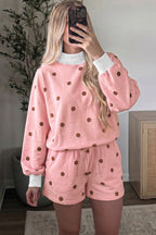 Brown Polka Dot Ribbed Trim Long Sleeve Top Casual Short Set