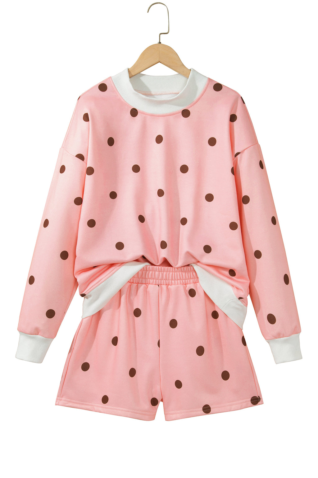 Brown Polka Dot Ribbed Trim Long Sleeve Top Casual Short Set