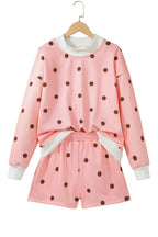 Brown Polka Dot Ribbed Trim Long Sleeve Top Casual Short Set