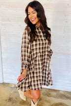 Brown Plaid Long Sleeve Short Shift Mini Dress