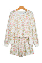Beige Floral Print Long Sleeve Shift Top Pocketed Shorts 2pcs Set