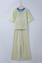 Pink Stripe Colorblock Trim Crew Neck Loose Tee Drawstring Elastic Waist 2pcs Pant Set