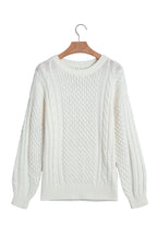Beige Solid Color Cable Detail Knit Loose Round Neck Sweater