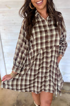 Brown Plaid Long Sleeve Short Shift Mini Dress