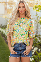Yellow Summer Flower Printed Drop Shoulder Loose T Shirt
