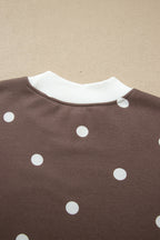 Brown Polka Dot Ribbed Trim Long Sleeve Top Casual Short Set