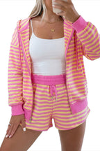 Rose Red Striped Long Sleeve Zip-Up Hoodie Drawstring Elastic Waist 2pcs Short Set