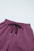 Pink Stripe Ribbed Patchwork Mock Neck Baggy Pullover Matching Shorts Set