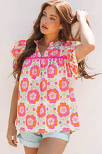 Rose Floral Ruffled Sleeve Ric-rac Trim Split Neck Loose Blouse