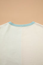 Light Blue Plaid Patchwork Round Neck Long Sleeve Top