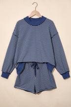 Pink Stripe Ribbed Patchwork Mock Neck Baggy Pullover Matching Shorts Set