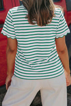 Pink Stripe Scalloped Trim Round Neck T Shirt
