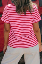 Pink Stripe Scalloped Trim Round Neck T Shirt