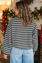 Green Stripe Striped Colorblock Round Neck Long Sleeve Shift Plus Size Sweatshirt