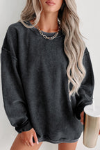 Gray Solid Ribbed Knit Round Neck Pullover Sweatshirt